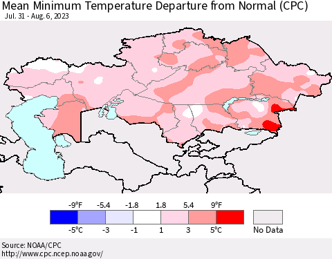 Kazakhstan Mean Minimum Temperature Departure from Normal (CPC) Thematic Map For 7/31/2023 - 8/6/2023