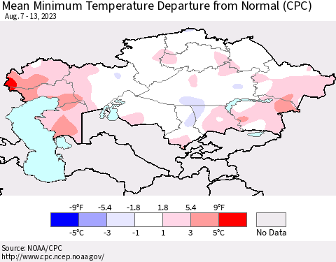 Kazakhstan Mean Minimum Temperature Departure from Normal (CPC) Thematic Map For 8/7/2023 - 8/13/2023