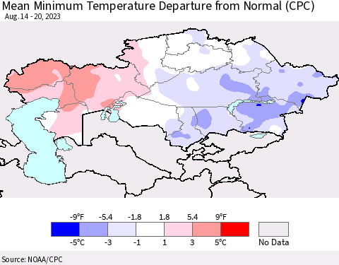 Kazakhstan Mean Minimum Temperature Departure from Normal (CPC) Thematic Map For 8/14/2023 - 8/20/2023
