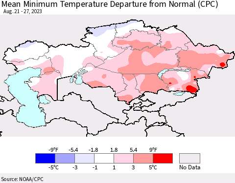 Kazakhstan Mean Minimum Temperature Departure from Normal (CPC) Thematic Map For 8/21/2023 - 8/27/2023