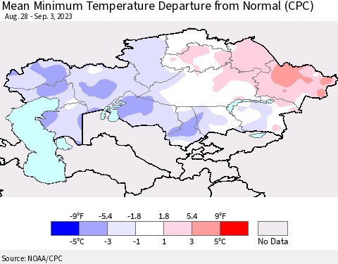 Kazakhstan Mean Minimum Temperature Departure from Normal (CPC) Thematic Map For 8/28/2023 - 9/3/2023