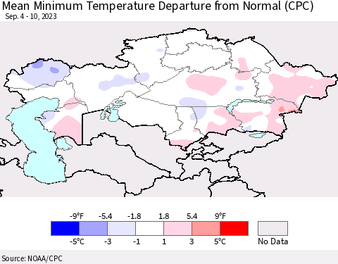 Kazakhstan Mean Minimum Temperature Departure from Normal (CPC) Thematic Map For 9/4/2023 - 9/10/2023