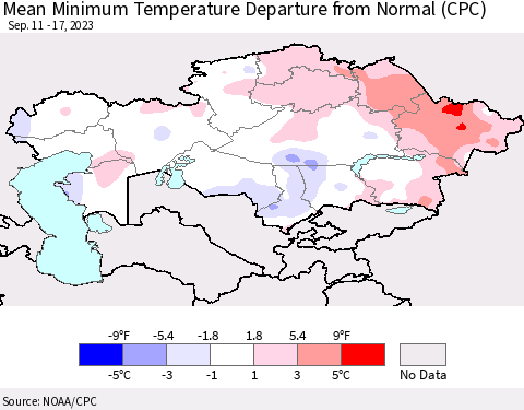 Kazakhstan Mean Minimum Temperature Departure from Normal (CPC) Thematic Map For 9/11/2023 - 9/17/2023