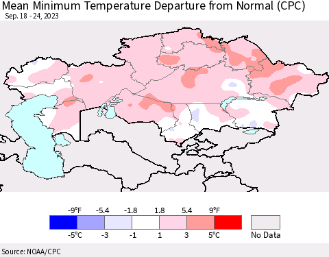 Kazakhstan Mean Minimum Temperature Departure from Normal (CPC) Thematic Map For 9/18/2023 - 9/24/2023
