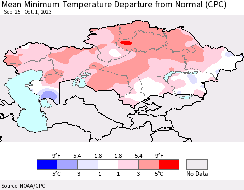 Kazakhstan Mean Minimum Temperature Departure from Normal (CPC) Thematic Map For 9/25/2023 - 10/1/2023