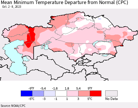 Kazakhstan Mean Minimum Temperature Departure from Normal (CPC) Thematic Map For 10/2/2023 - 10/8/2023