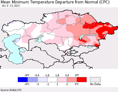Kazakhstan Mean Minimum Temperature Departure from Normal (CPC) Thematic Map For 10/9/2023 - 10/15/2023