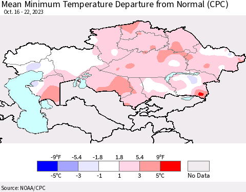 Kazakhstan Mean Minimum Temperature Departure from Normal (CPC) Thematic Map For 10/16/2023 - 10/22/2023