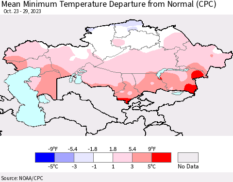 Kazakhstan Mean Minimum Temperature Departure from Normal (CPC) Thematic Map For 10/23/2023 - 10/29/2023