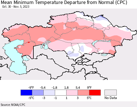 Kazakhstan Mean Minimum Temperature Departure from Normal (CPC) Thematic Map For 10/30/2023 - 11/5/2023