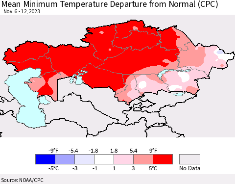 Kazakhstan Mean Minimum Temperature Departure from Normal (CPC) Thematic Map For 11/6/2023 - 11/12/2023