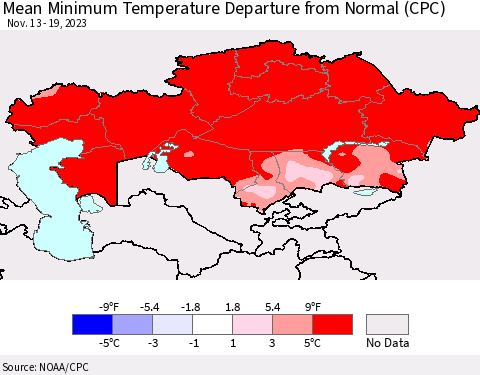 Kazakhstan Mean Minimum Temperature Departure from Normal (CPC) Thematic Map For 11/13/2023 - 11/19/2023