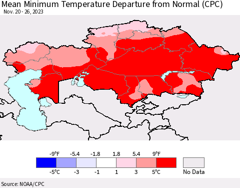 Kazakhstan Mean Minimum Temperature Departure from Normal (CPC) Thematic Map For 11/20/2023 - 11/26/2023