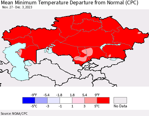 Kazakhstan Mean Minimum Temperature Departure from Normal (CPC) Thematic Map For 11/27/2023 - 12/3/2023