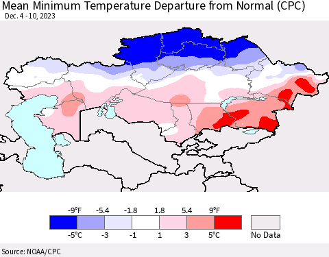 Kazakhstan Mean Minimum Temperature Departure from Normal (CPC) Thematic Map For 12/4/2023 - 12/10/2023