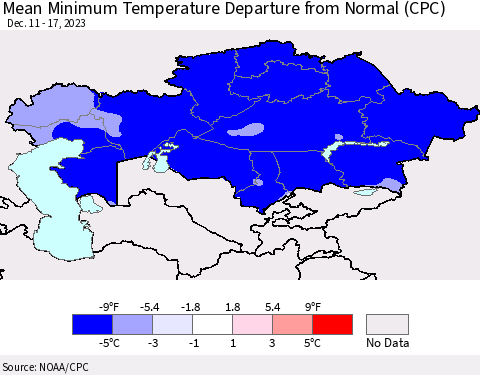 Kazakhstan Mean Minimum Temperature Departure from Normal (CPC) Thematic Map For 12/11/2023 - 12/17/2023