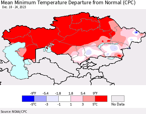 Kazakhstan Mean Minimum Temperature Departure from Normal (CPC) Thematic Map For 12/18/2023 - 12/24/2023