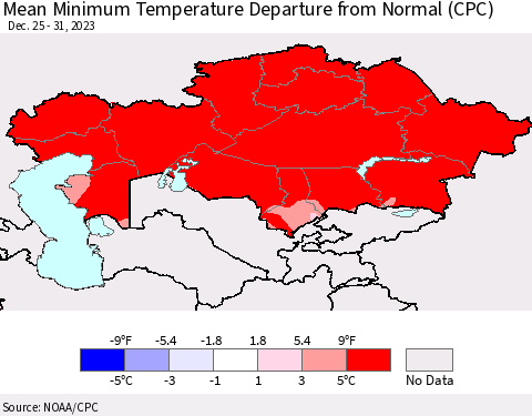 Kazakhstan Mean Minimum Temperature Departure from Normal (CPC) Thematic Map For 12/25/2023 - 12/31/2023