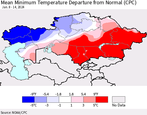 Kazakhstan Mean Minimum Temperature Departure from Normal (CPC) Thematic Map For 1/8/2024 - 1/14/2024