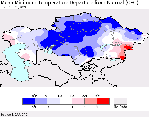 Kazakhstan Mean Minimum Temperature Departure from Normal (CPC) Thematic Map For 1/15/2024 - 1/21/2024