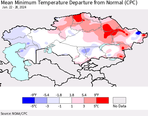 Kazakhstan Mean Minimum Temperature Departure from Normal (CPC) Thematic Map For 1/22/2024 - 1/28/2024