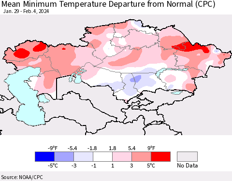 Kazakhstan Mean Minimum Temperature Departure from Normal (CPC) Thematic Map For 1/29/2024 - 2/4/2024