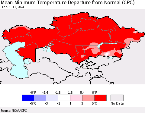 Kazakhstan Mean Minimum Temperature Departure from Normal (CPC) Thematic Map For 2/5/2024 - 2/11/2024
