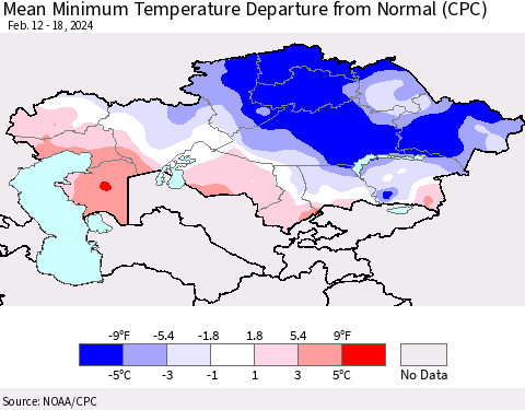 Kazakhstan Mean Minimum Temperature Departure from Normal (CPC) Thematic Map For 2/12/2024 - 2/18/2024