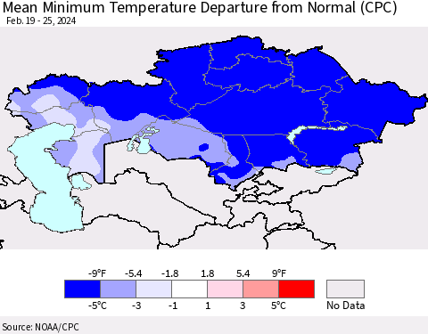Kazakhstan Mean Minimum Temperature Departure from Normal (CPC) Thematic Map For 2/19/2024 - 2/25/2024