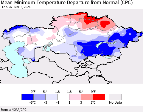 Kazakhstan Mean Minimum Temperature Departure from Normal (CPC) Thematic Map For 2/26/2024 - 3/3/2024