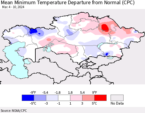 Kazakhstan Mean Minimum Temperature Departure from Normal (CPC) Thematic Map For 3/4/2024 - 3/10/2024