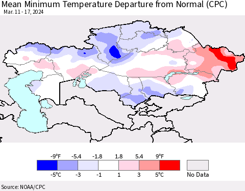 Kazakhstan Mean Minimum Temperature Departure from Normal (CPC) Thematic Map For 3/11/2024 - 3/17/2024