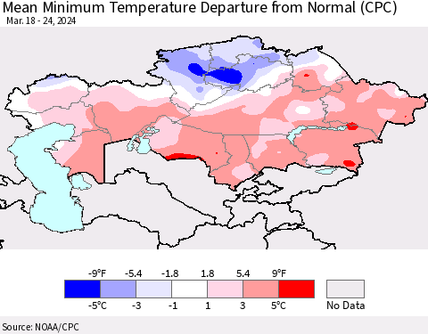 Kazakhstan Mean Minimum Temperature Departure from Normal (CPC) Thematic Map For 3/18/2024 - 3/24/2024