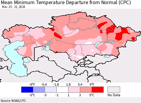 Kazakhstan Mean Minimum Temperature Departure from Normal (CPC) Thematic Map For 3/25/2024 - 3/31/2024