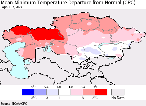Kazakhstan Mean Minimum Temperature Departure from Normal (CPC) Thematic Map For 4/1/2024 - 4/7/2024