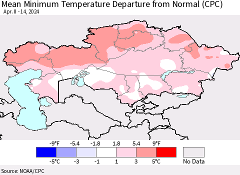 Kazakhstan Mean Minimum Temperature Departure from Normal (CPC) Thematic Map For 4/8/2024 - 4/14/2024