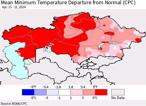 Kazakhstan Mean Minimum Temperature Departure from Normal (CPC) Thematic Map For 4/15/2024 - 4/21/2024