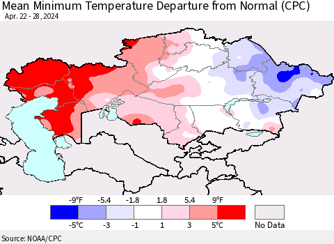 Kazakhstan Mean Minimum Temperature Departure from Normal (CPC) Thematic Map For 4/22/2024 - 4/28/2024