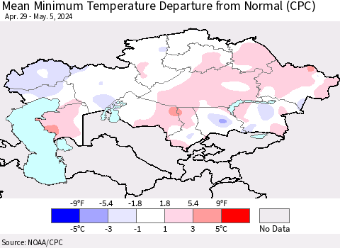 Kazakhstan Mean Minimum Temperature Departure from Normal (CPC) Thematic Map For 4/29/2024 - 5/5/2024
