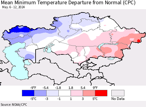 Kazakhstan Mean Minimum Temperature Departure from Normal (CPC) Thematic Map For 5/6/2024 - 5/12/2024