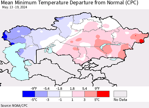 Kazakhstan Mean Minimum Temperature Departure from Normal (CPC) Thematic Map For 5/13/2024 - 5/19/2024