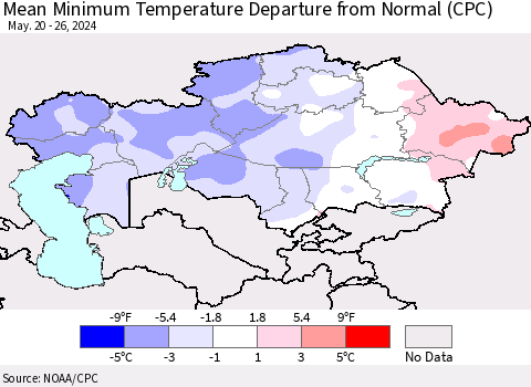 Kazakhstan Mean Minimum Temperature Departure from Normal (CPC) Thematic Map For 5/20/2024 - 5/26/2024