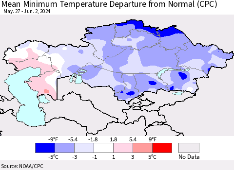 Kazakhstan Mean Minimum Temperature Departure from Normal (CPC) Thematic Map For 5/27/2024 - 6/2/2024