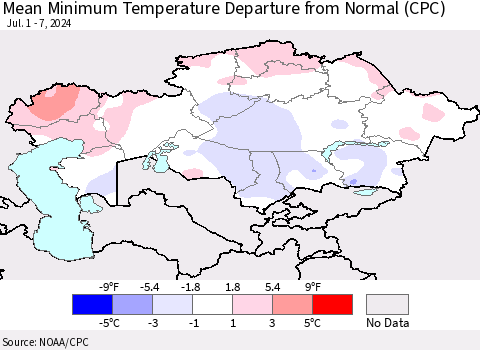 Kazakhstan Mean Minimum Temperature Departure from Normal (CPC) Thematic Map For 7/1/2024 - 7/7/2024
