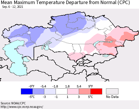 Kazakhstan Mean Maximum Temperature Departure from Normal (CPC) Thematic Map For 9/6/2021 - 9/12/2021