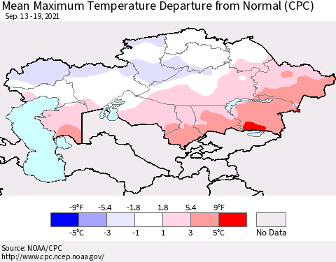 Kazakhstan Mean Maximum Temperature Departure from Normal (CPC) Thematic Map For 9/13/2021 - 9/19/2021
