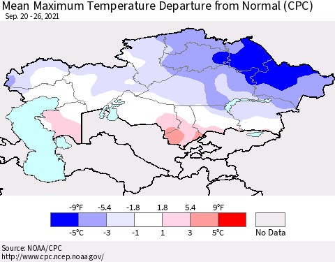 Kazakhstan Mean Maximum Temperature Departure from Normal (CPC) Thematic Map For 9/20/2021 - 9/26/2021