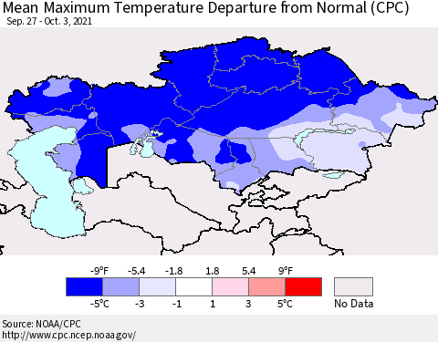 Kazakhstan Mean Maximum Temperature Departure from Normal (CPC) Thematic Map For 9/27/2021 - 10/3/2021