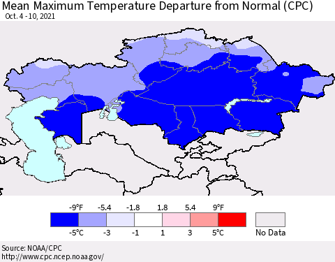 Kazakhstan Mean Maximum Temperature Departure from Normal (CPC) Thematic Map For 10/4/2021 - 10/10/2021