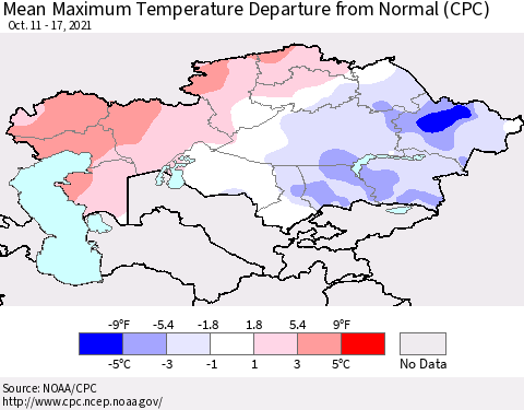Kazakhstan Mean Maximum Temperature Departure from Normal (CPC) Thematic Map For 10/11/2021 - 10/17/2021